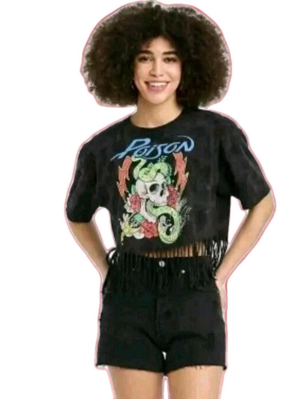 Poison Tee Shirt Size L Womens Fringes Tie Dye Graphic Metal Band Skull Snake #C